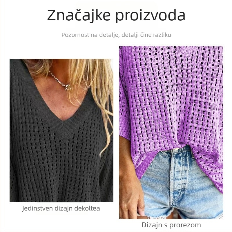 Ženski pleteni džemper s prorezom i V-izrezom, slobodan kroj, 3/4 rukavi, mrežasti uzorak od viskoze