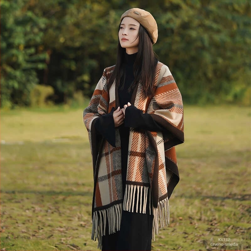 Ženski cape-kabat s resama i francuskim karom, vuneni materijal, elegantan minimalistički stil, jesen 2024, Jishong liangpin