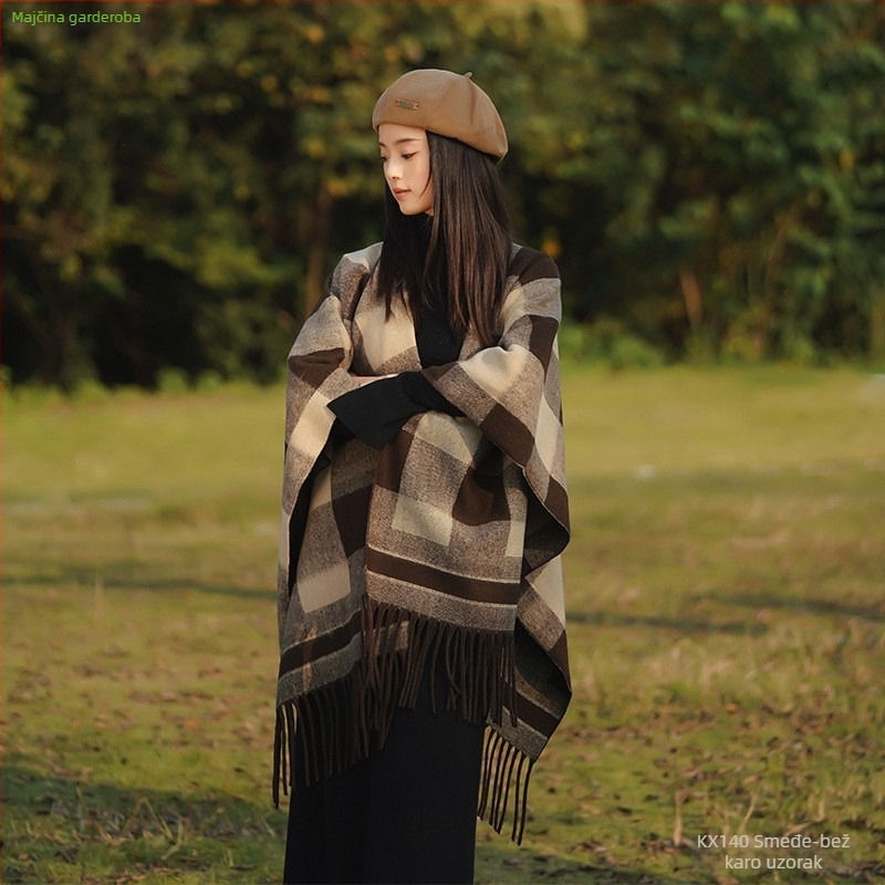Ženski cape-kabat s resama i francuskim karom, vuneni materijal, elegantan minimalistički stil, jesen 2024, Jishong liangpin