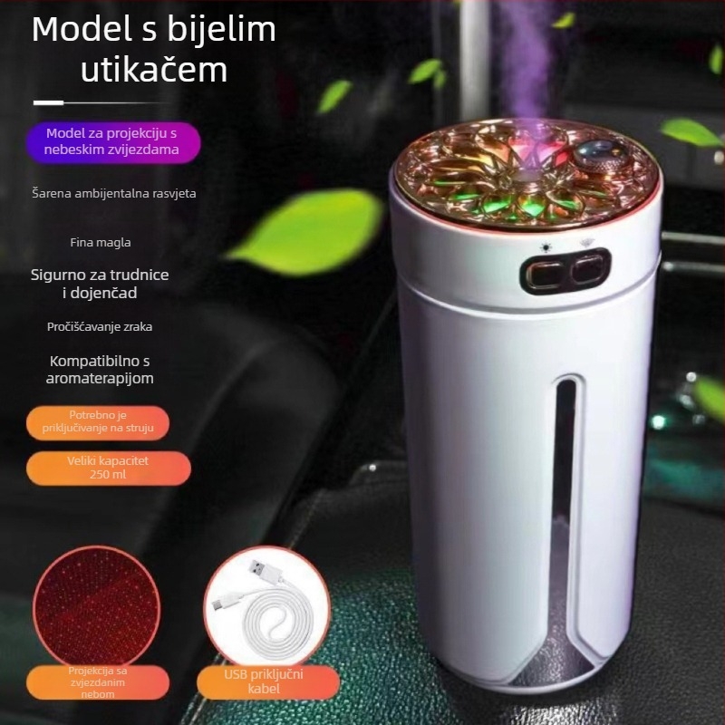 Automobilski USB aromaterapijski ovlaživač, 0,5 L spremnik, 1 izlaz magle, okrugli dizajn