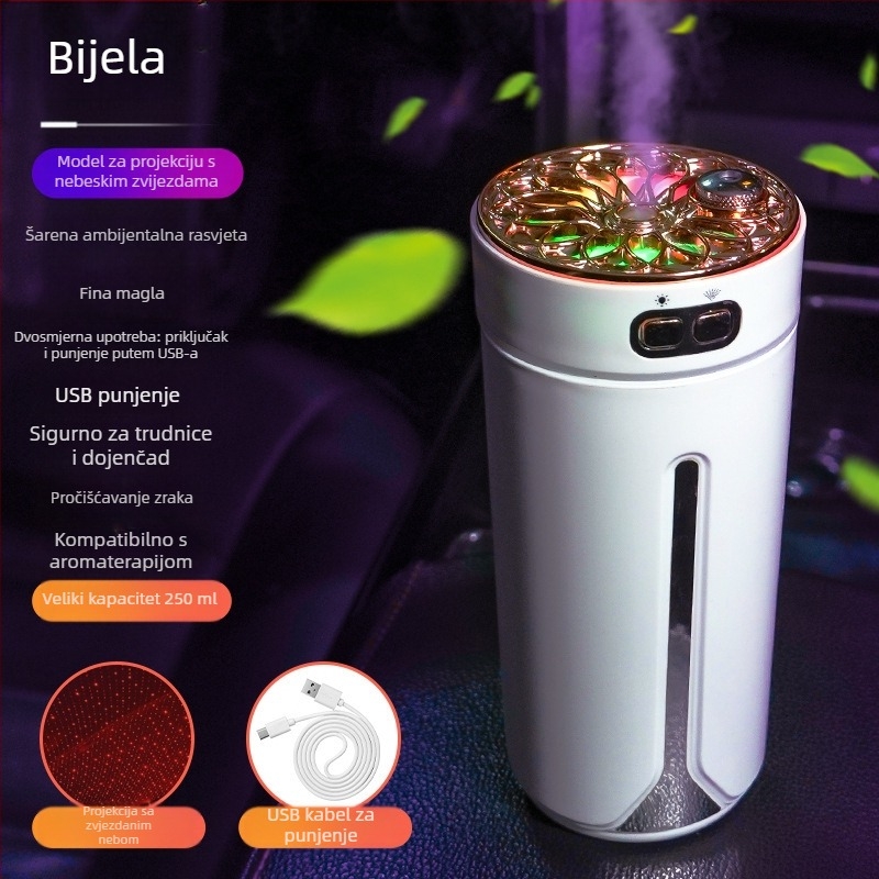 Automobilski USB aromaterapijski ovlaživač, 0,5 L spremnik, 1 izlaz magle, okrugli dizajn