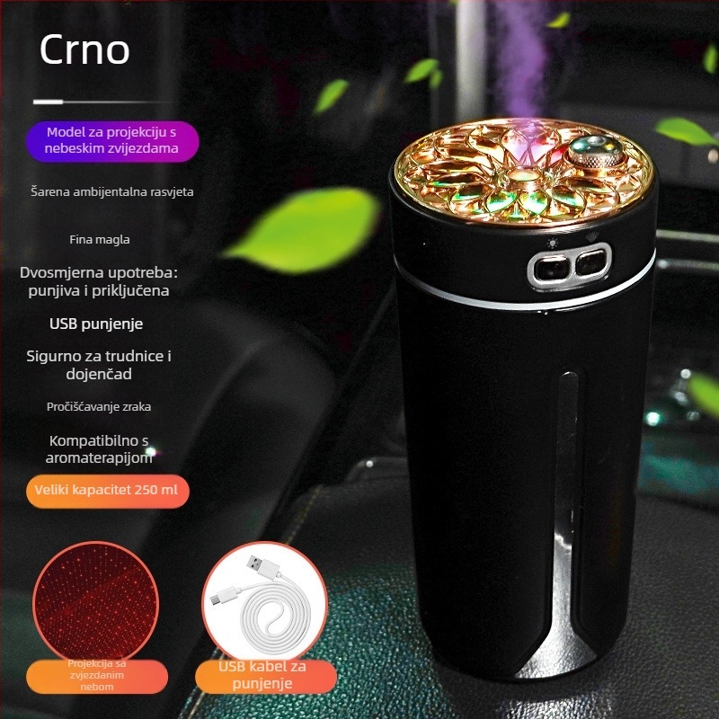 Automobilski USB aromaterapijski ovlaživač, 0,5 L spremnik, 1 izlaz magle, okrugli dizajn