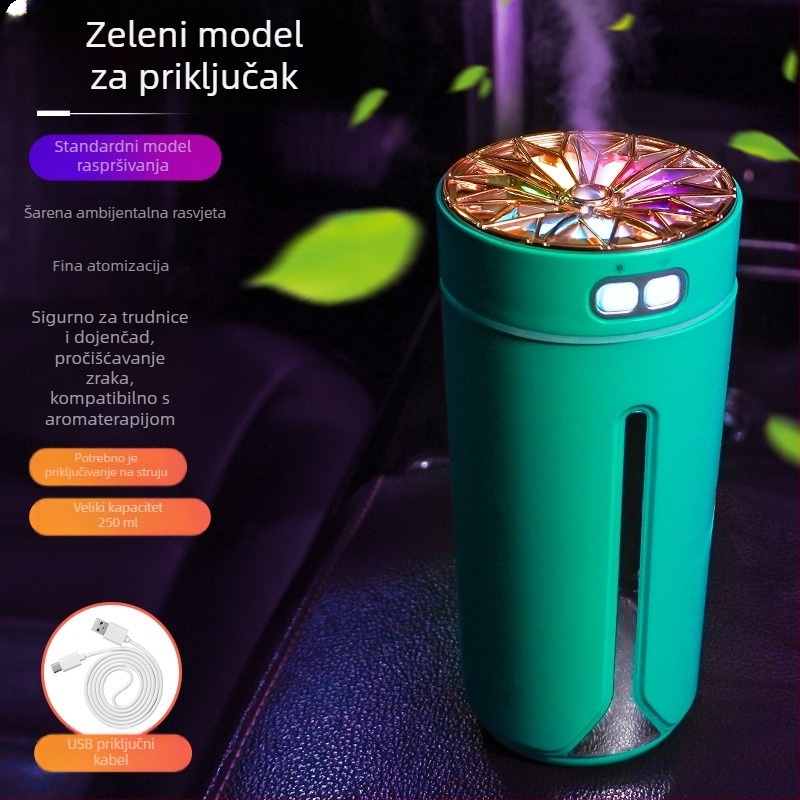 Automobilski USB aromaterapijski ovlaživač, 0,5 L spremnik, 1 izlaz magle, okrugli dizajn