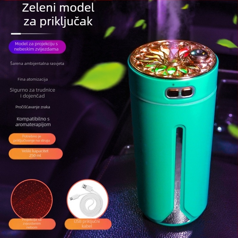 Automobilski USB aromaterapijski ovlaživač, 0,5 L spremnik, 1 izlaz magle, okrugli dizajn