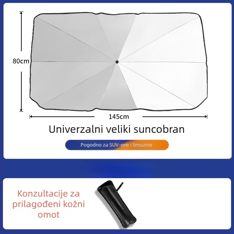 Sjena za automobil za prednje staklo - universalna prilagodba, aluminijska folija, teleskopska ugradnja, mogućnost tiskanja logotipa