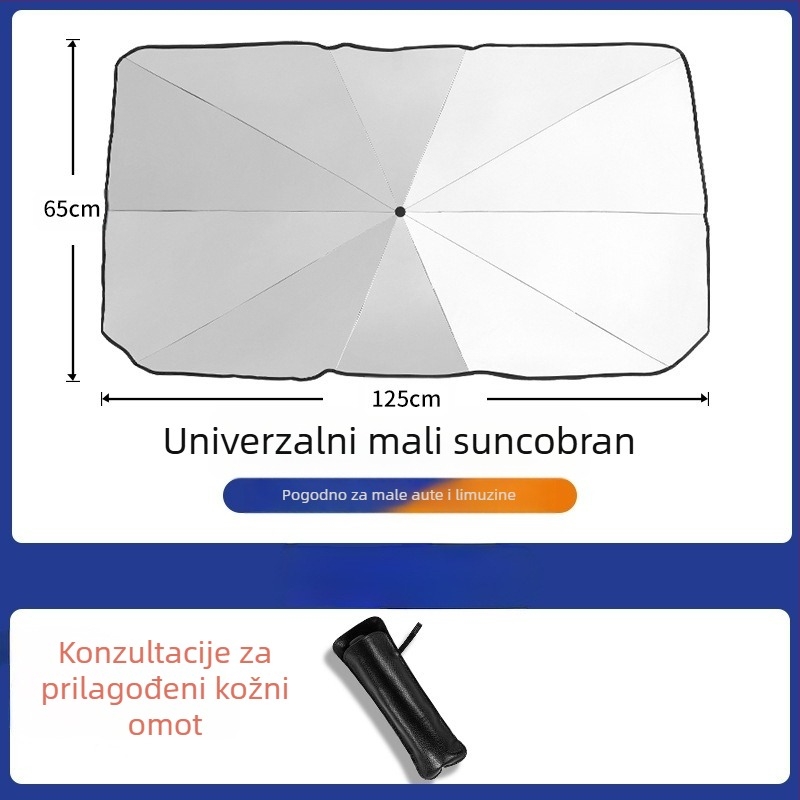 Sjena za automobil za prednje staklo - universalna prilagodba, aluminijska folija, teleskopska ugradnja, mogućnost tiskanja logotipa