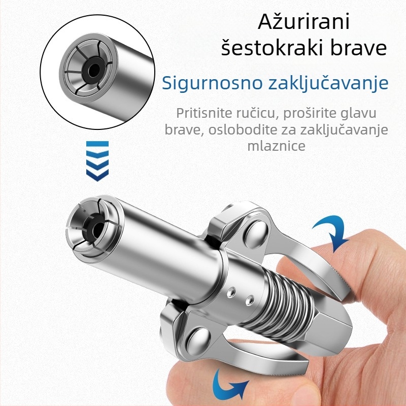 Glava mlaznice za maslac pištolju s zaključavajućim stezalom i visokotlačnom mazivom, model 981, čelična konstrukcija, radni tlak 21, kapacitet cijevi 1, neto težina 128 g