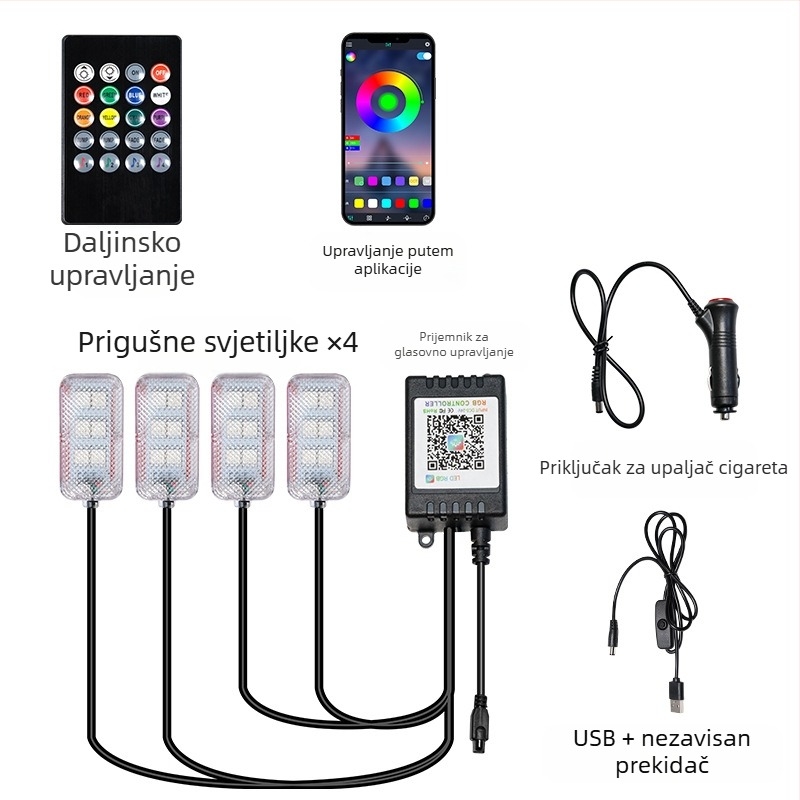 Unutarnje LED ambijentalno osvjetljenje automobila, USB napajanje, 12V, 15W, model Square Foot Light, univerzalna kompatibilnost