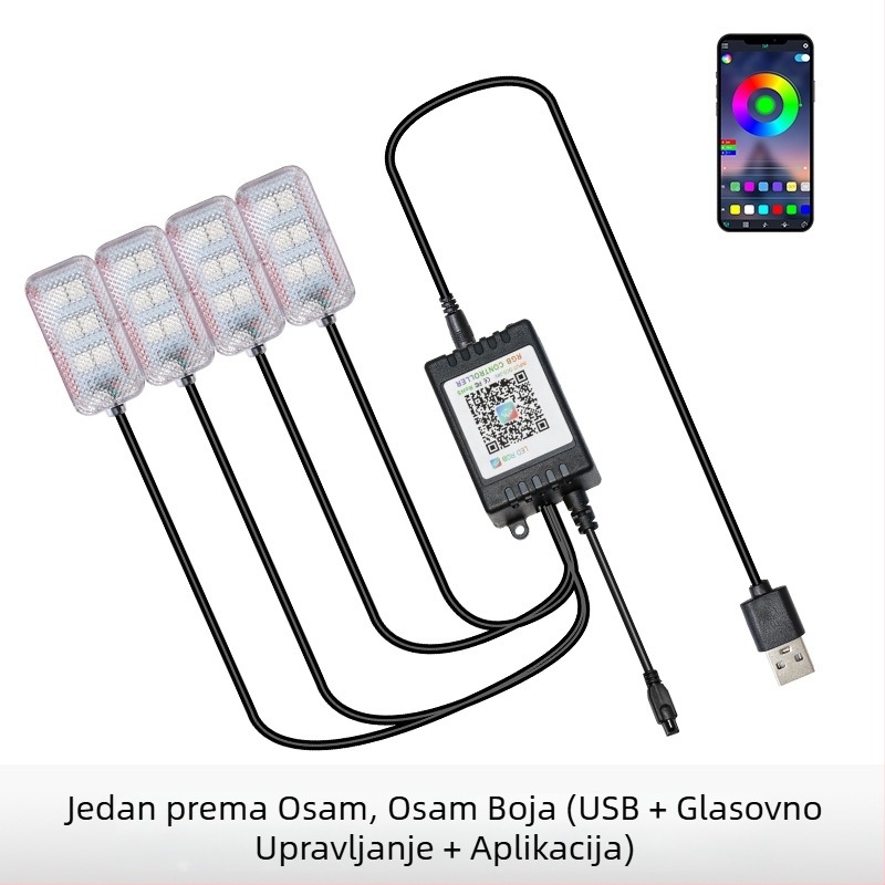 Unutarnje LED ambijentalno osvjetljenje automobila, USB napajanje, 12V, 15W, model Square Foot Light, univerzalna kompatibilnost