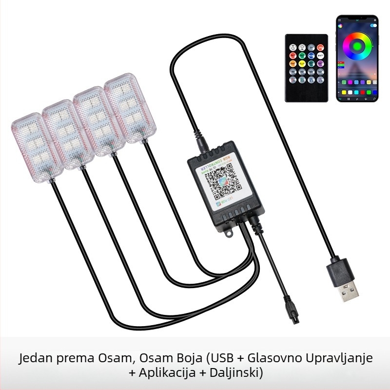 Unutarnje LED ambijentalno osvjetljenje automobila, USB napajanje, 12V, 15W, model Square Foot Light, univerzalna kompatibilnost