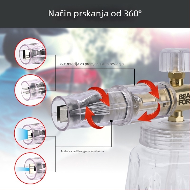 Duž visokog tlaka za pjenu za pranje automobila – tijelo od aluminija prekrivenog bakrom, plast; raspršivanje 2 m; tlak 276 bar / 4000 psi; težina 0,4 kg; dimenzije 16×13×18 cm