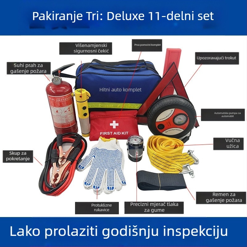 Automobilski hitni set s vatrogasnim aparatom i kompletom prve pomoći – prilagodljiv nužni paket