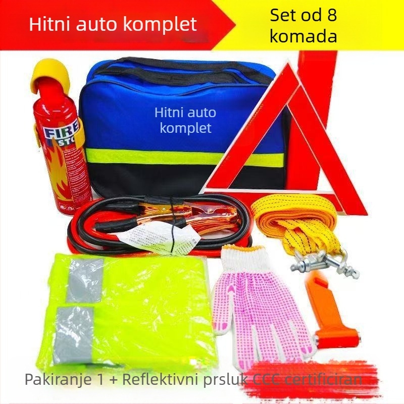 Automobilski hitni set s vatrogasnim aparatom i kompletom prve pomoći – prilagodljiv nužni paket