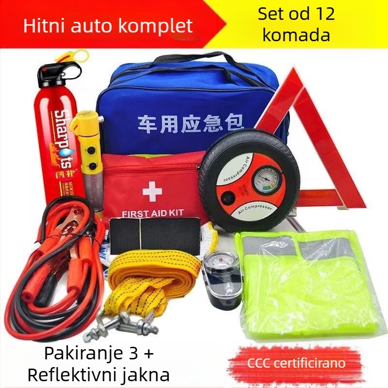 Automobilski hitni set s vatrogasnim aparatom i kompletom prve pomoći – prilagodljiv nužni paket