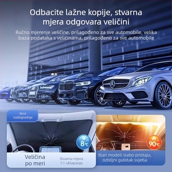 Auto sjenilo za prednje vjetrobransko staklo; materijal titanijevo-srebro; ugradnja putem snap-in; primjenjivi dijelovi: prednji dijelovi; uzorak: logotip marke; otisak logotipa moguć
