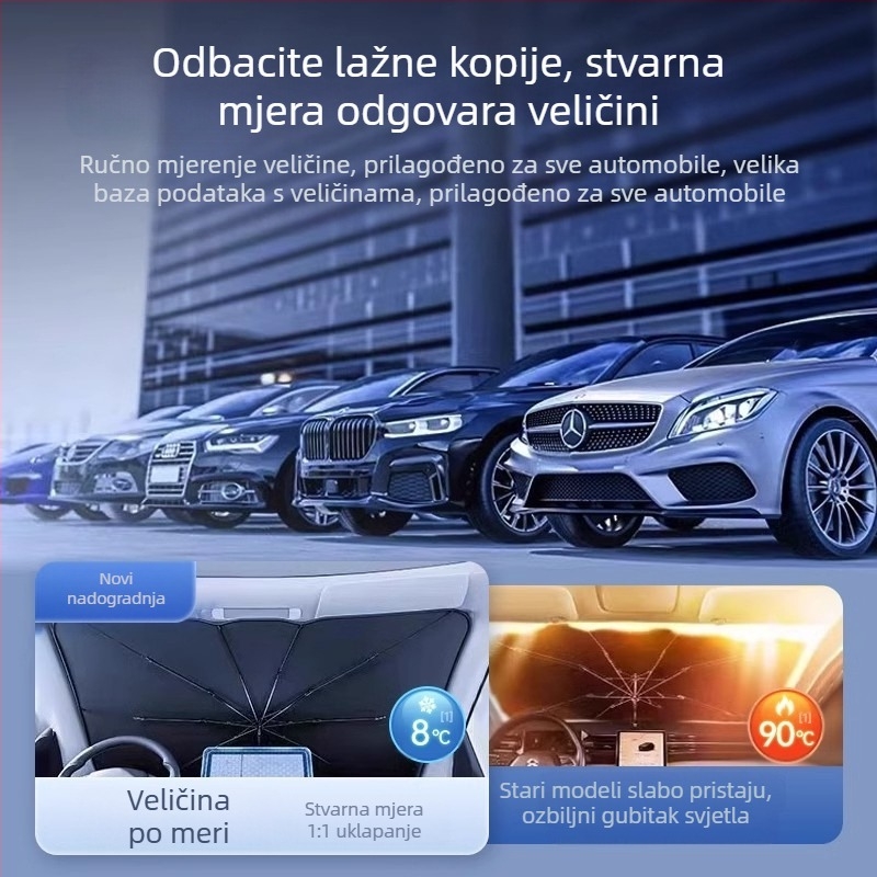 Auto sjenilo za prednje vjetrobransko staklo; materijal titanijevo-srebro; ugradnja putem snap-in; primjenjivi dijelovi: prednji dijelovi; uzorak: logotip marke; otisak logotipa moguć