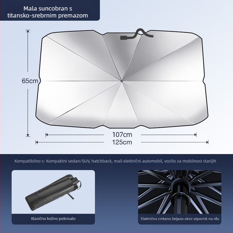 Auto sjenilo za prednje vjetrobransko staklo; materijal titanijevo-srebro; ugradnja putem snap-in; primjenjivi dijelovi: prednji dijelovi; uzorak: logotip marke; otisak logotipa moguć