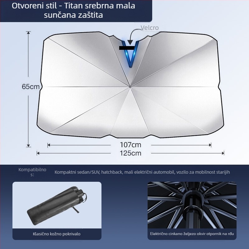 Auto sjenilo za prednje vjetrobransko staklo; materijal titanijevo-srebro; ugradnja putem snap-in; primjenjivi dijelovi: prednji dijelovi; uzorak: logotip marke; otisak logotipa moguć