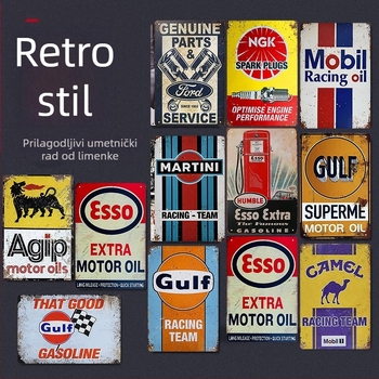 Dekorativna viseća slika – američki retro trkački motorni uljni motiv; likovi u stilu crtanih likova; okvir od limenke; jezgra boje od limenke; vješanje.