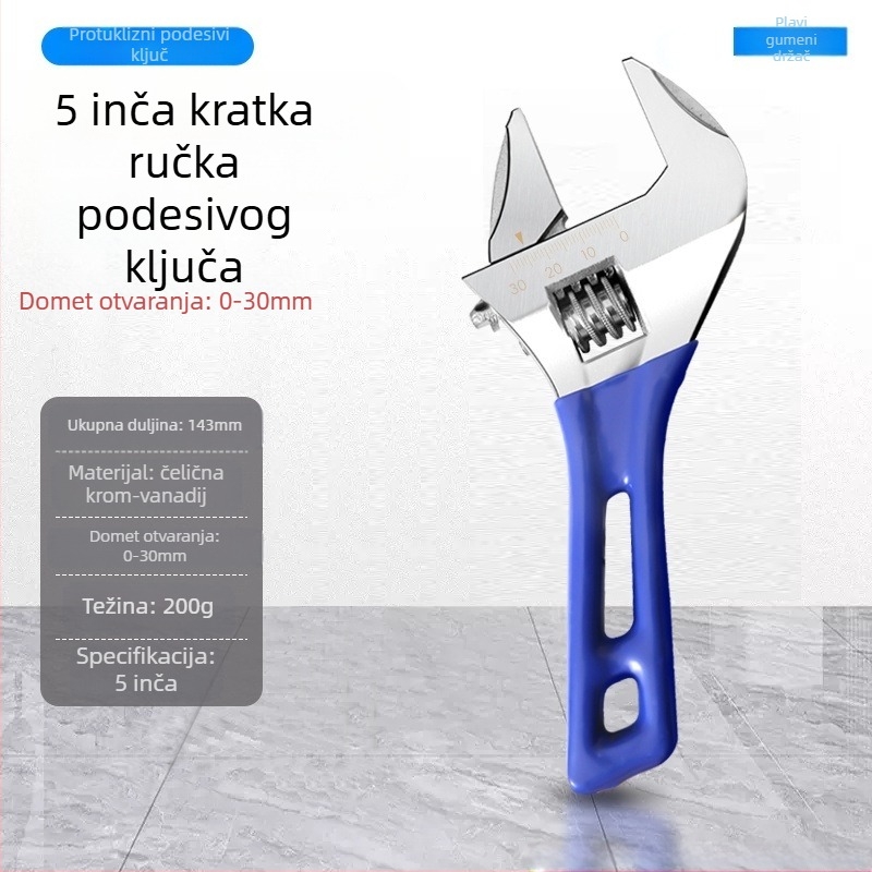 Prilagodljivi otvoreni ključ s kratkom drškom, kupaonica, krom-vanadijevo čelično
