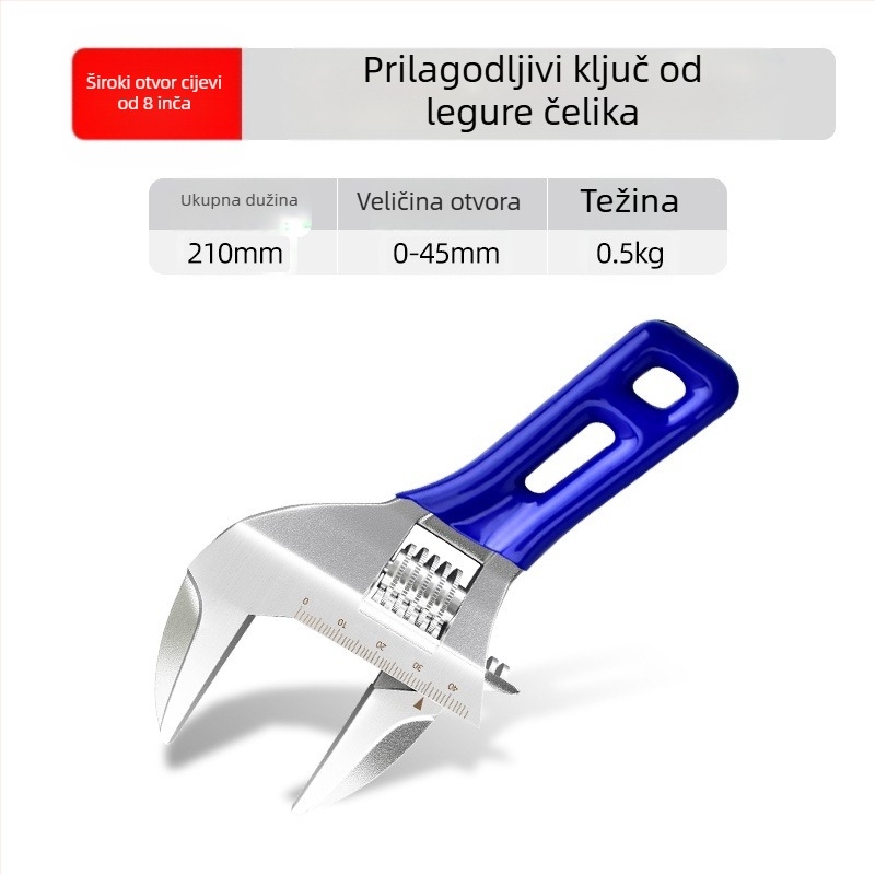 Prilagodljivi otvoreni ključ s kratkom drškom, kupaonica, krom-vanadijevo čelično