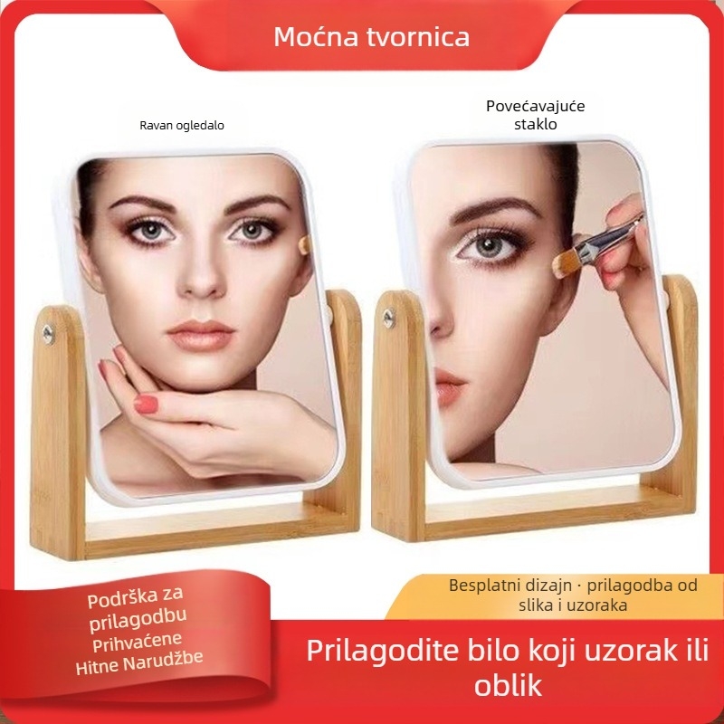 Stolno dvostrano ogledalo s 3x povećanjem, okvir od bambusa, prijenosni dizajn, prilagođeni logotip
