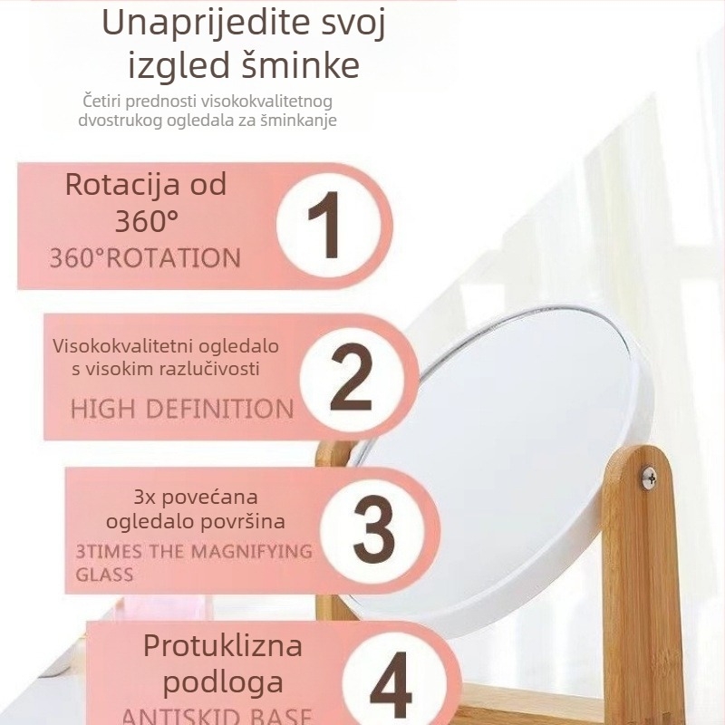 Stolno dvostrano ogledalo s 3x povećanjem, okvir od bambusa, prijenosni dizajn, prilagođeni logotip