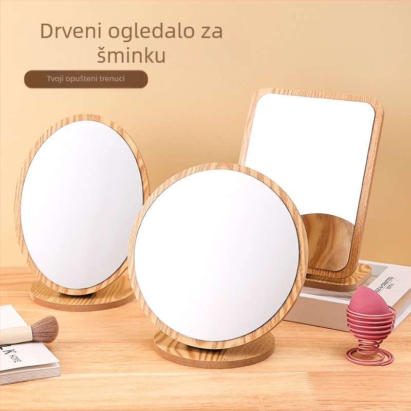 Stolno drveno rotirajuće ogledalo za šminkanje – drveni okvir, srebrno ogledalo, jednosmjerno, za stolnu upotrebu