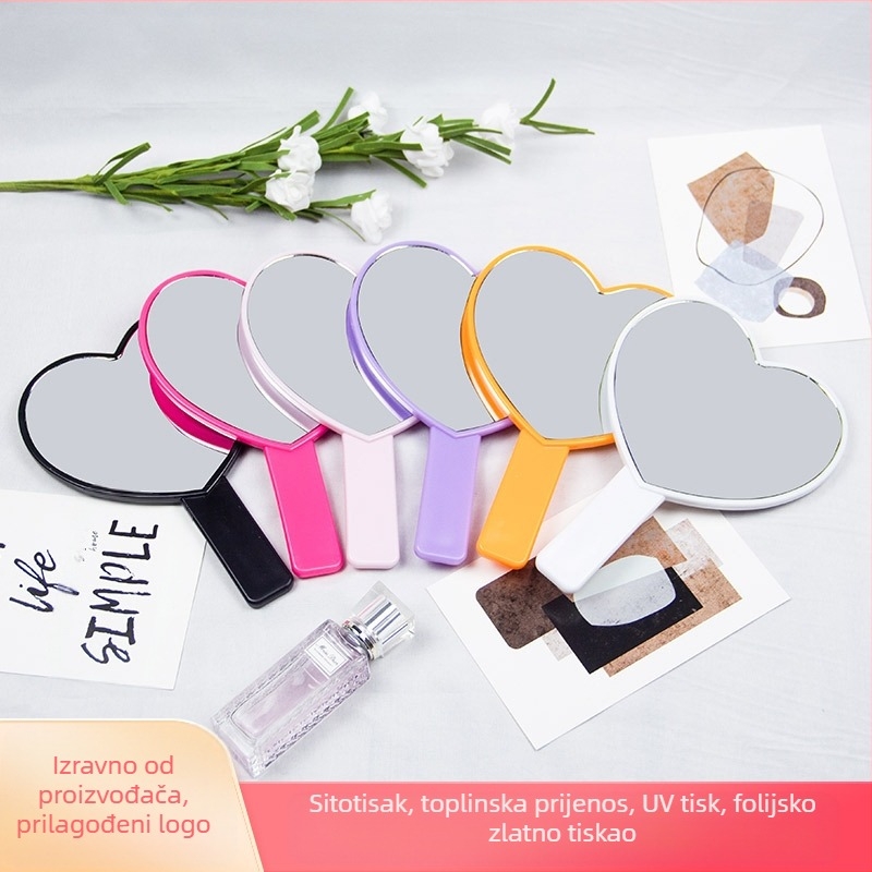 Šmink ogledalo s držalom u obliku srca, jednostrana, plastični okvir, aluminijsko ogledalo, otisak logotipa i prilagodba dostupni