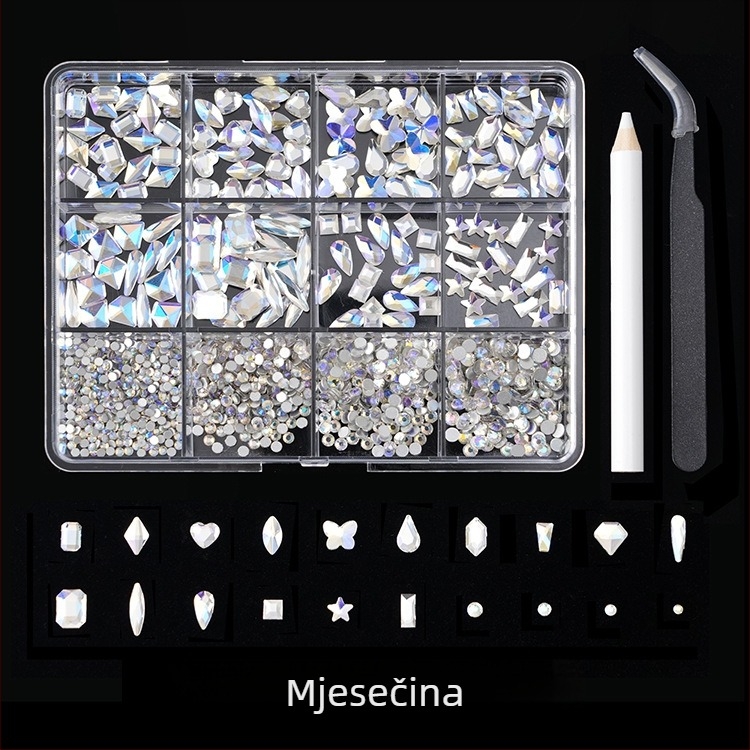 Jane Workshop Princess serija, kutija s 12 pretinaca za staklene kristale za nokte, ravno dno, motivi: leptir, mjesec, kap vode, zvijezde