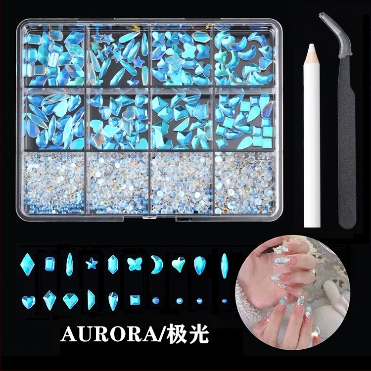 Jane Workshop Princess serija, kutija s 12 pretinaca za staklene kristale za nokte, ravno dno, motivi: leptir, mjesec, kap vode, zvijezde