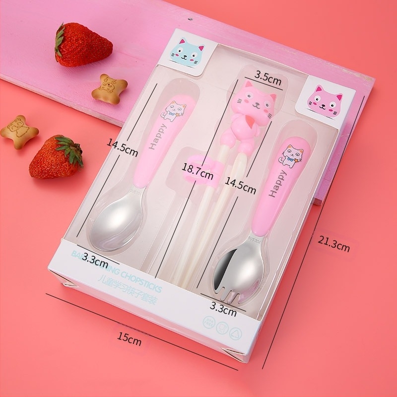 Dječji set posuđa od 304 nehrđajućeg čelika za učenje štapića, vilica i žlica, karikatura uzorak, ogledno poliranje, mogućnost personaliziranog logotipa