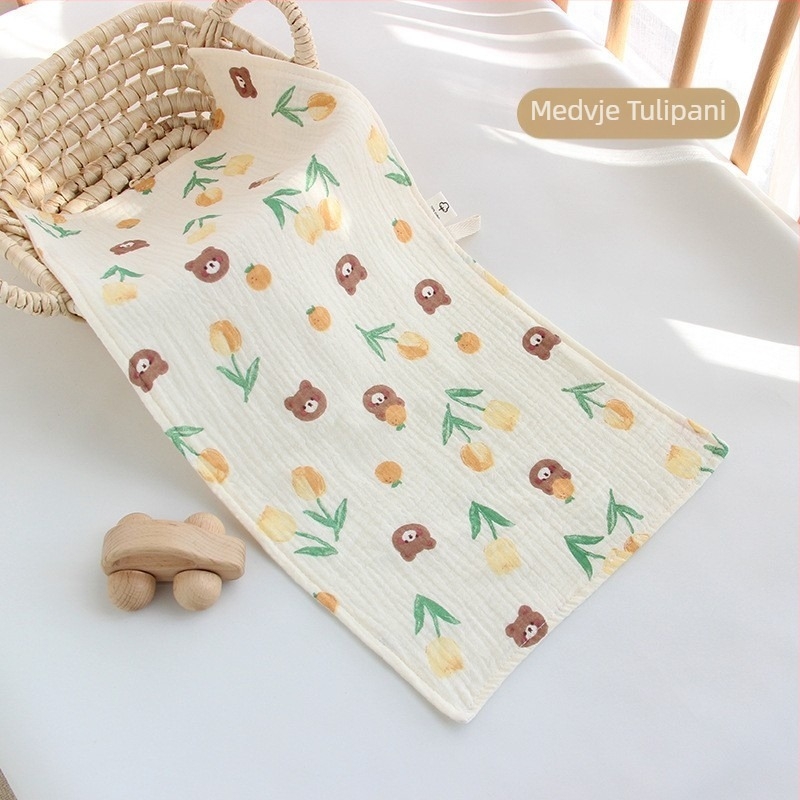 Dječji ručnik za kupanje – gazasta tkanina, crtani uzorak, mekan i prozračan; za dojenčad i malu djecu (1–3 godine); sigurnost klase A