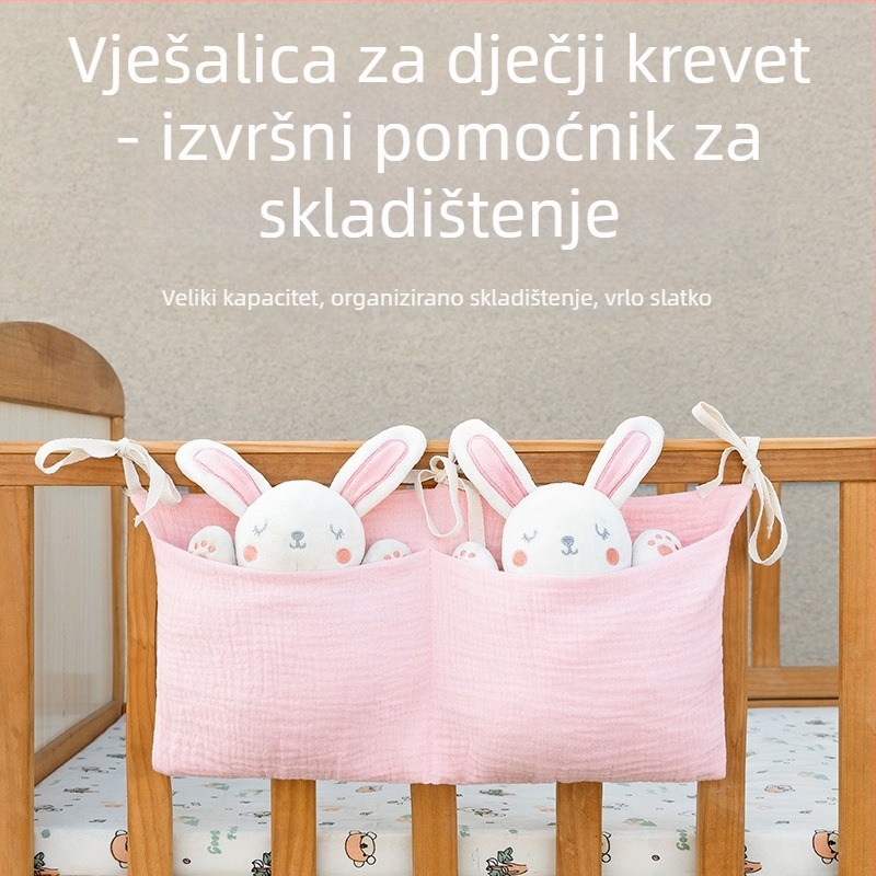 Dvostruka pamučna torbica za odlaganje uz dječji krevetić, dvije pretince, visi na kolica, s tiskom za bočicu