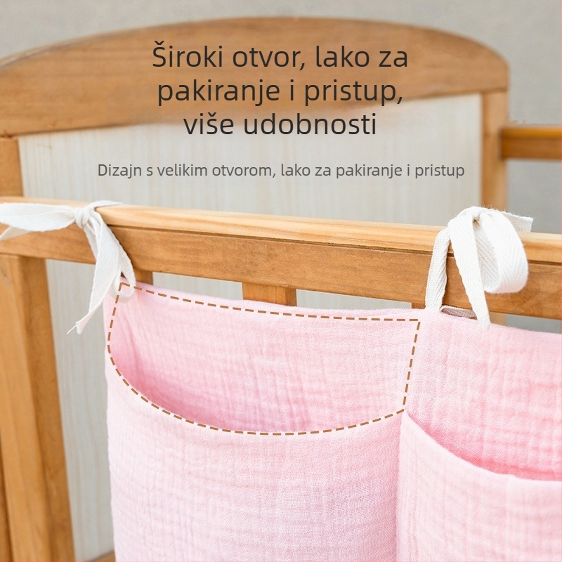 Dvostruka pamučna torbica za odlaganje uz dječji krevetić, dvije pretince, visi na kolica, s tiskom za bočicu