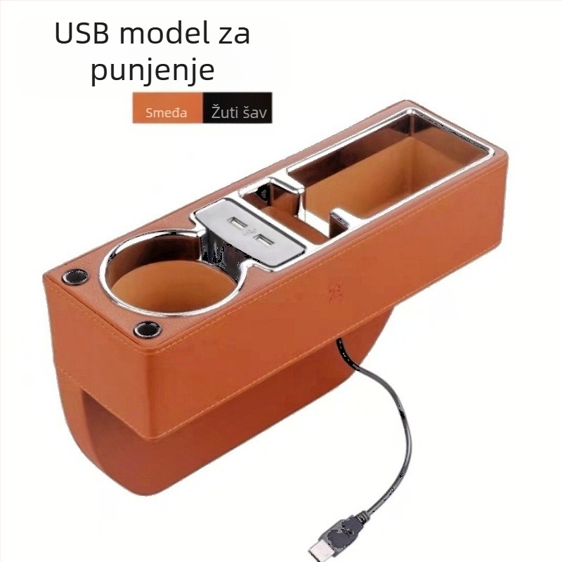 Organizator prostora između sjedala automobila — pretinac za pohranu s držačem za telefon i držačem za čaše