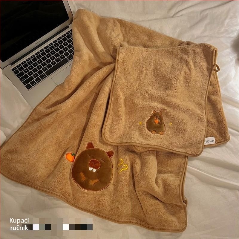 Longshen dvodijelni set ručnika za kupanje s temom morče, koralni velur, 150D, 300–400 g, izvezen kapibara karikatura