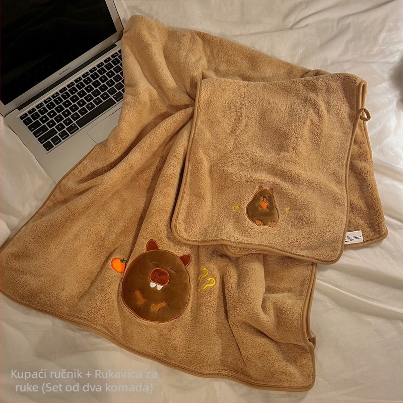 Longshen dvodijelni set ručnika za kupanje s temom morče, koralni velur, 150D, 300–400 g, izvezen kapibara karikatura