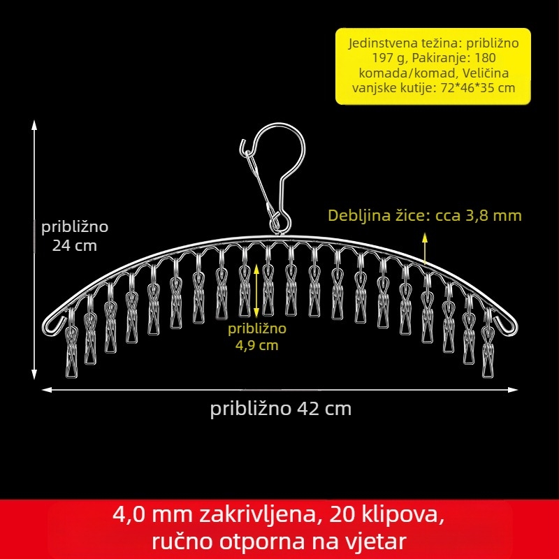 Nehrđajući čelični sušilac za odjeću s 48 klipsova, sklopivi okrugli dizajn za čarape i donje rublje, pogodna za balkon, višenamjenski sušilac.