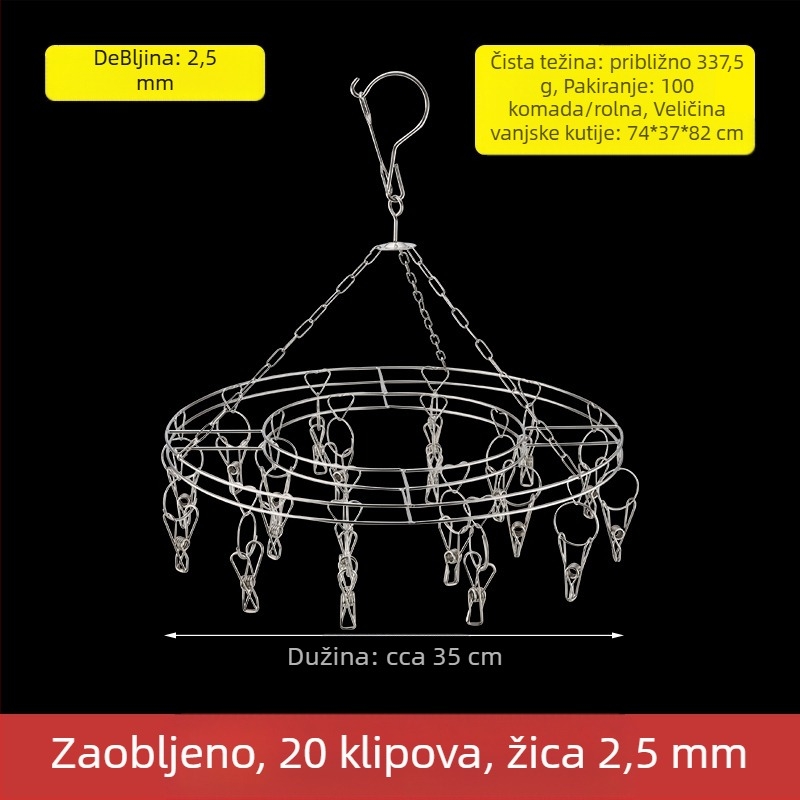Nehrđajući čelični sušilac za odjeću s 48 klipsova, sklopivi okrugli dizajn za čarape i donje rublje, pogodna za balkon, višenamjenski sušilac.