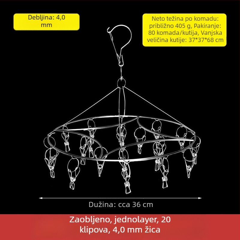 Nehrđajući čelični sušilac za odjeću s 48 klipsova, sklopivi okrugli dizajn za čarape i donje rublje, pogodna za balkon, višenamjenski sušilac.
