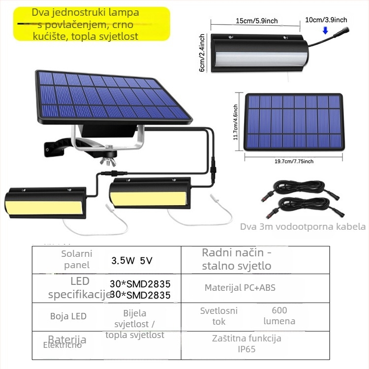 Solarna viseća svjetiljka s povlačnim kabelom – LED, IP65, 3W, 3,2V, 10000h, retro vrtna rasvjeta