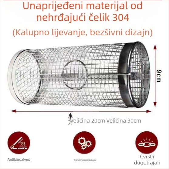 Okrugla košara za roštilj od 304 nehrđajućeg čelika, cilindrična, izrađena lisovanjem, otklopiva, 110–130 g