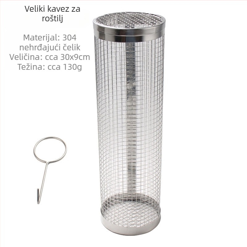 Okrugla košara za roštilj od 304 nehrđajućeg čelika, cilindrična, izrađena lisovanjem, otklopiva, 110–130 g