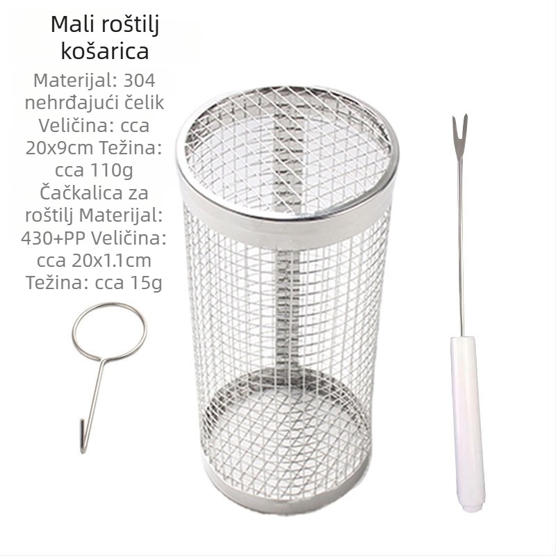 Okrugla košara za roštilj od 304 nehrđajućeg čelika, cilindrična, izrađena lisovanjem, otklopiva, 110–130 g