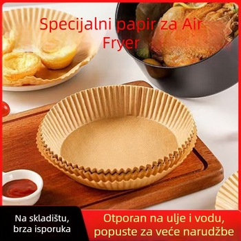 Kružni papir za pečenje za air fryer, s otpornošću na ulje, jednokratna upotreba, drveni celulozni vlakna, 35 gsm