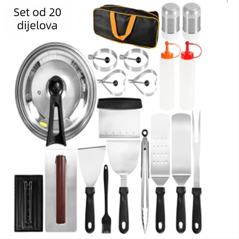 18-dijelni set alata za roštilj od nehrđajućeg čelika s drvenim ručkama, za vanjsku teppanyaki kuhinju; uključuje klips, četkicu, vilicu i špatulu