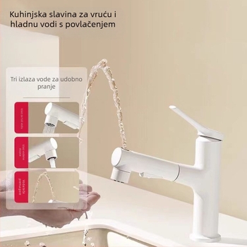 Slavina za umivaonik u kupaonici s izvlačnim mlazom, topla i hladna, nehrđajući čelik SUS33, keramički jezgreni ventil, 0-90°C, 0.8-1.2 MPa