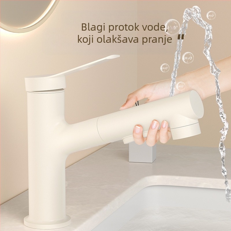 Slavina za umivaonik u kupaonici s izvlačnim mlazom, topla i hladna, nehrđajući čelik SUS33, keramički jezgreni ventil, 0-90°C, 0.8-1.2 MPa