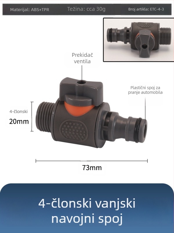 Plastični kuglasti ventil za pranje automobila s brzim priključkom, model Hongying, debljina zida 2 mm, klasa A